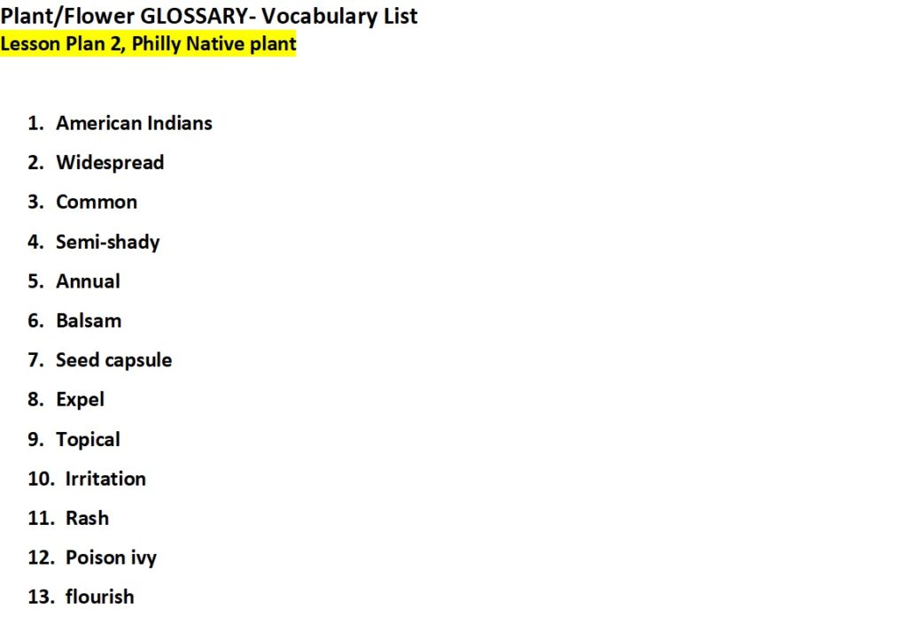 Plant Flower...glossary Vocabulary List. Lesson Plan 2 Philly Native Plant.